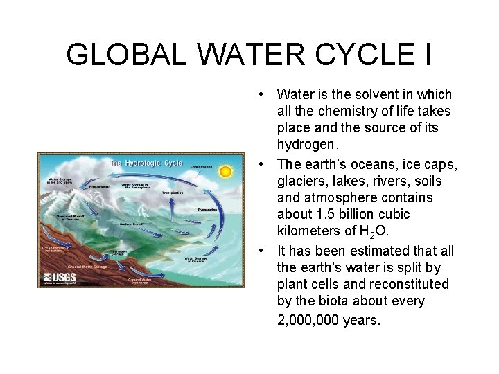 GLOBAL WATER CYCLE I • Water is the solvent in which all the chemistry
