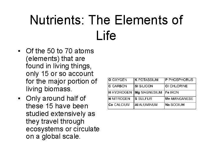 Nutrients: The Elements of Life • Of the 50 to 70 atoms (elements) that