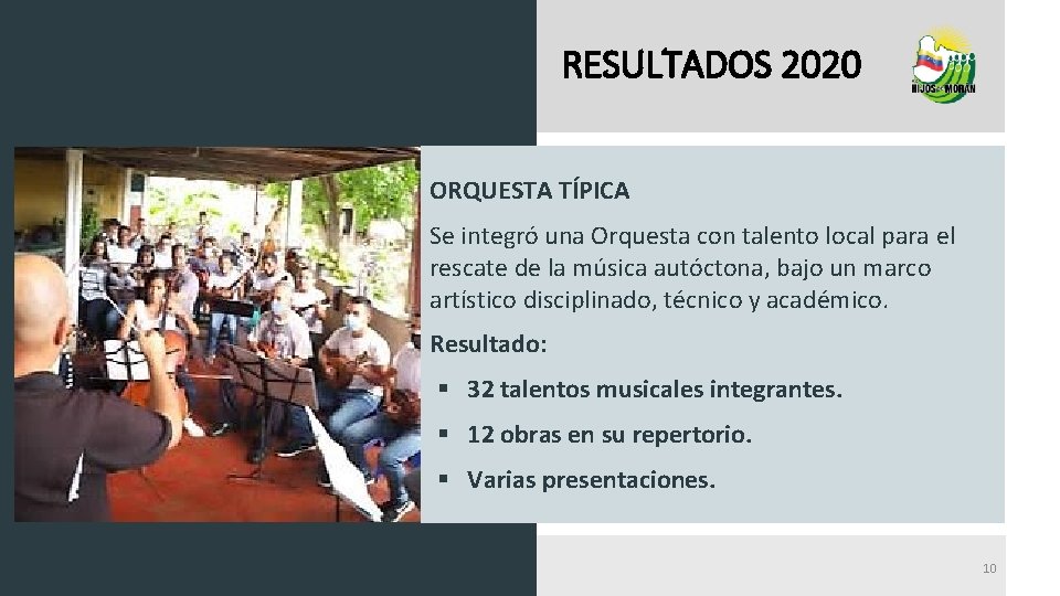 RESULTADOS 2020 ORQUESTA TÍPICA Se integró una Orquesta con talento local para el rescate