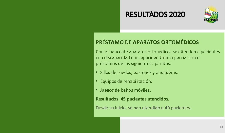 RESULTADOS 2020 PRÉSTAMO DE APARATOS ORTOMÉDICOS Con el banco de aparatos ortopédicos se atienden