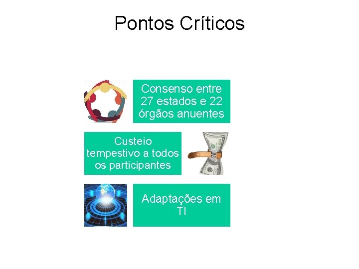 Pontos Críticos Consenso entre 27 estados e 22 órgãos anuentes Custeio tempestivo a todos