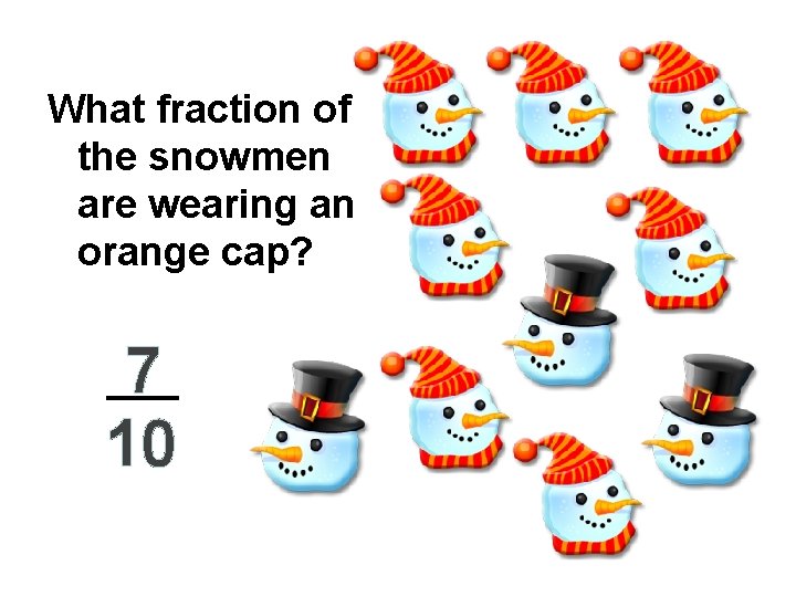 What fraction of the snowmen are wearing an orange cap? 7 10 