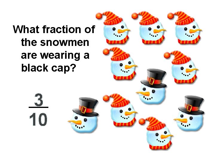 What fraction of the snowmen are wearing a black cap? 3 10 