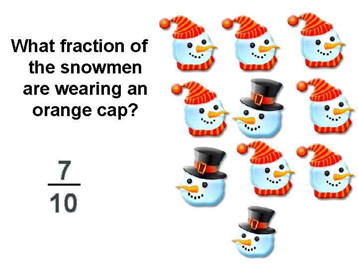 What fraction of the snowmen are wearing an orange cap? 7 10 