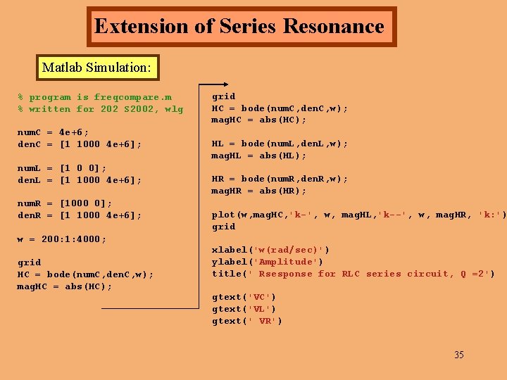 Extension of Series Resonance Matlab Simulation: % program is freqcompare. m % written for