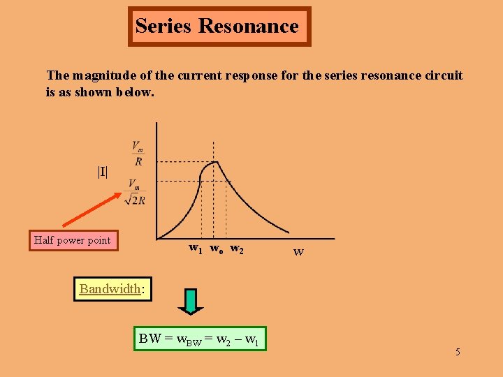 Series Resonance The magnitude of the current response for the series resonance circuit is