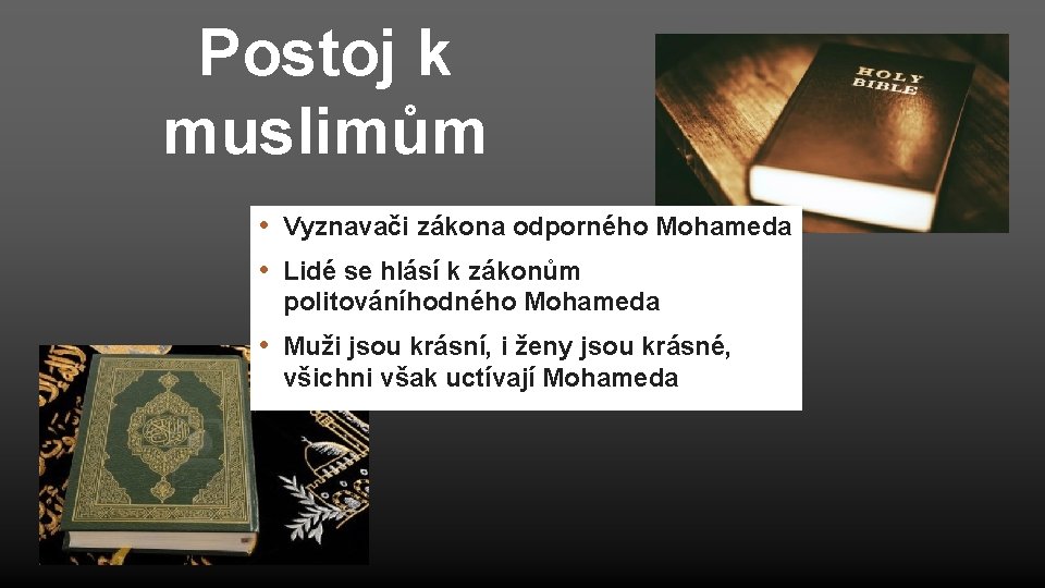 Postoj k muslimům • Vyznavači zákona odporného Mohameda • Lidé se hlásí k zákonům