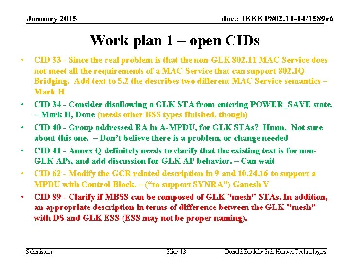 January 2015 doc. : IEEE P 802. 11 -14/1589 r 6 Work plan 1