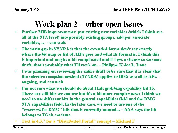 January 2015 doc. : IEEE P 802. 11 -14/1589 r 6 Work plan 2