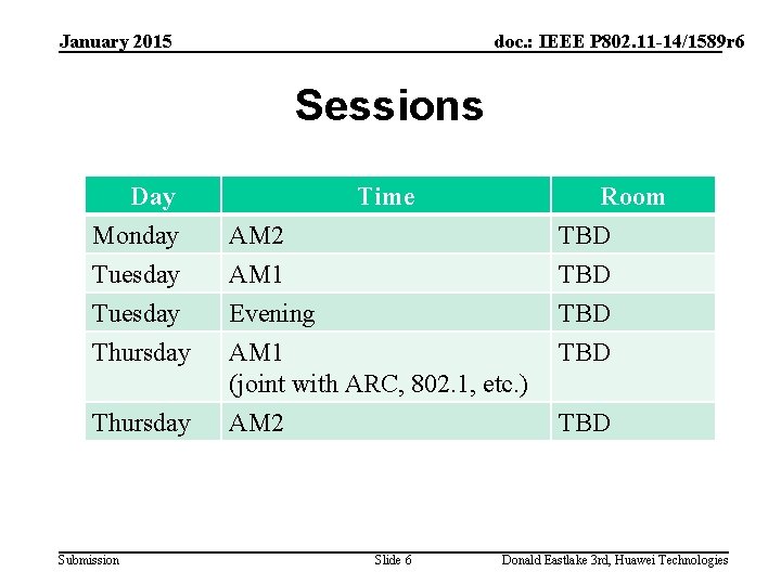 January 2015 doc. : IEEE P 802. 11 -14/1589 r 6 Sessions Day Monday