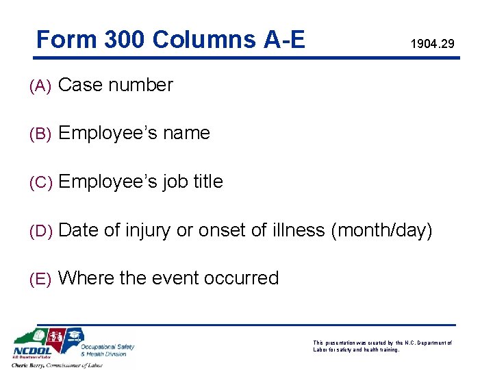 Form 300 Columns A-E 1904. 29 (A) Case number (B) Employee’s name (C) Employee’s