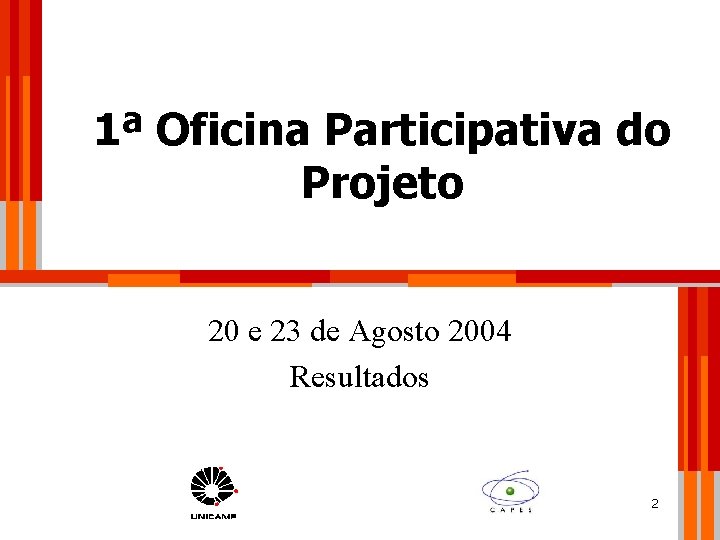 1ª Oficina Participativa do Projeto 20 e 23 de Agosto 2004 Resultados 2 