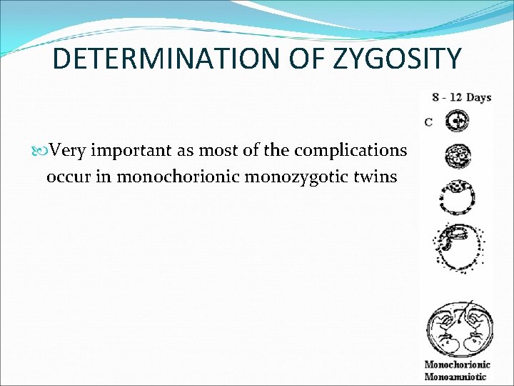 DETERMINATION OF ZYGOSITY Very important as most of the complications occur in monochorionic monozygotic