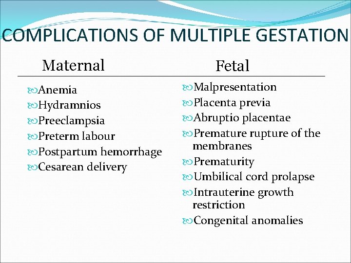 COMPLICATIONS OF MULTIPLE GESTATION Maternal Anemia Hydramnios Preeclampsia Preterm labour Postpartum hemorrhage Cesarean delivery