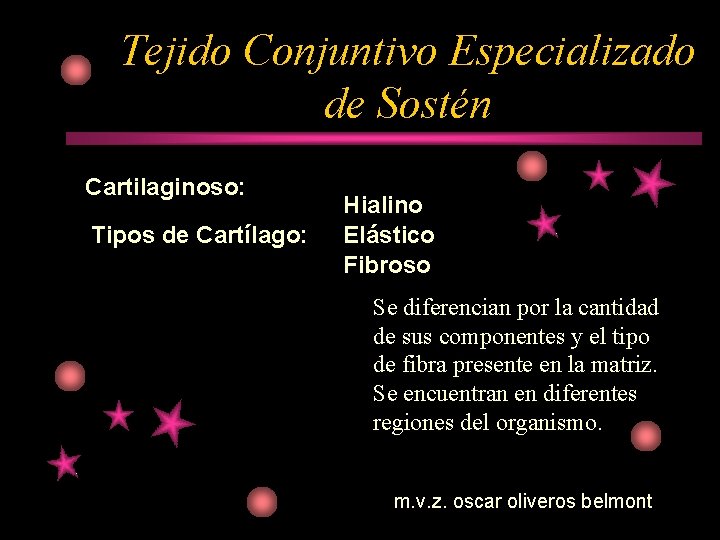 Tejido Conjuntivo Especializado de Sostén Cartilaginoso: Tipos de Cartílago: Hialino Elástico Fibroso Se diferencian