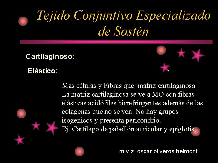 Tejido Conjuntivo Especializado de Sostén Cartilaginoso: Elástico: Mas células y Fibras que matriz cartilaginosa