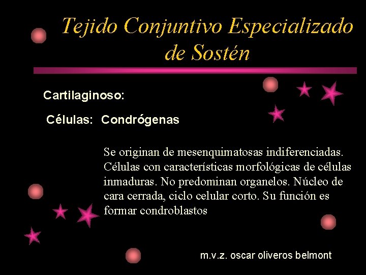 Tejido Conjuntivo Especializado de Sostén Cartilaginoso: Células: Condrógenas Se originan de mesenquimatosas indiferenciadas. Células