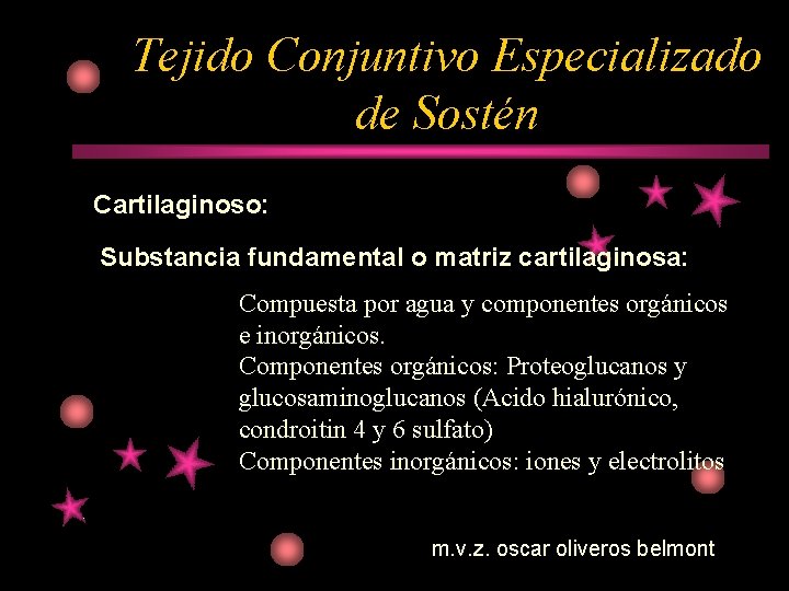 Tejido Conjuntivo Especializado de Sostén Cartilaginoso: Substancia fundamental o matriz cartilaginosa: Compuesta por agua