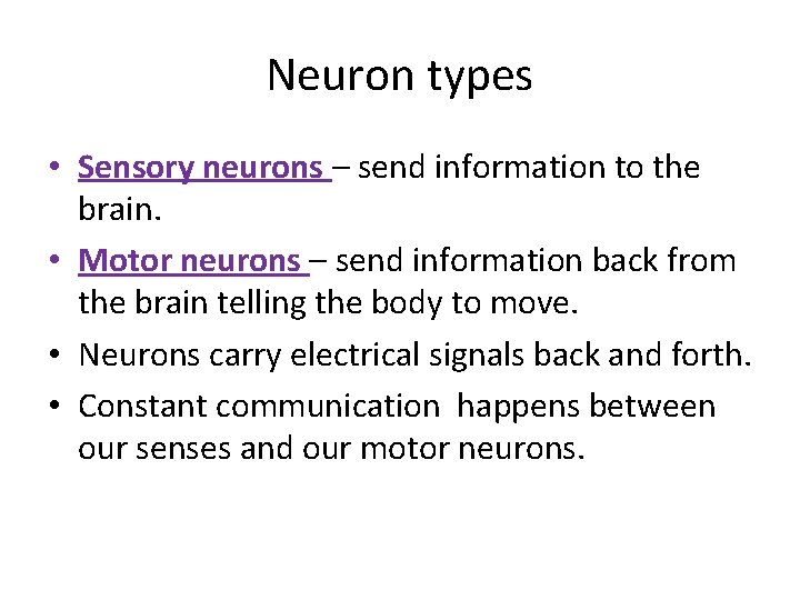 Neuron types • Sensory neurons – send information to the brain. • Motor neurons