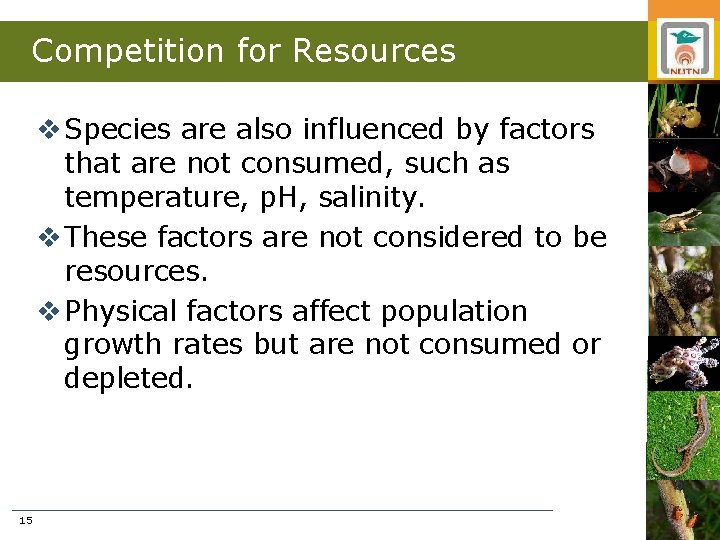 Competition for Resources v Species are also influenced by factors that are not consumed,