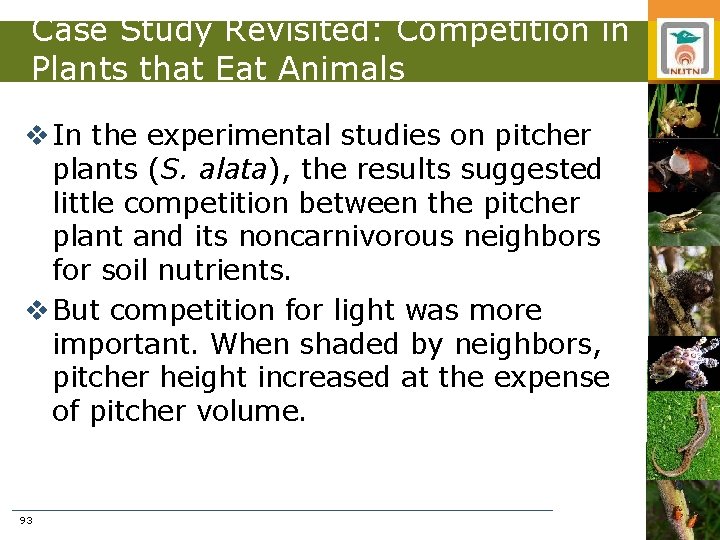 Case Study Revisited: Competition in Plants that Eat Animals v In the experimental studies