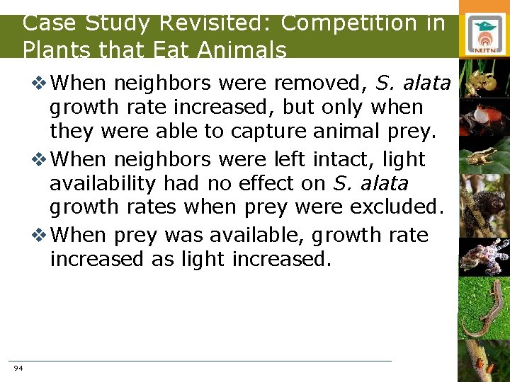 Case Study Revisited: Competition in Plants that Eat Animals v When neighbors were removed,