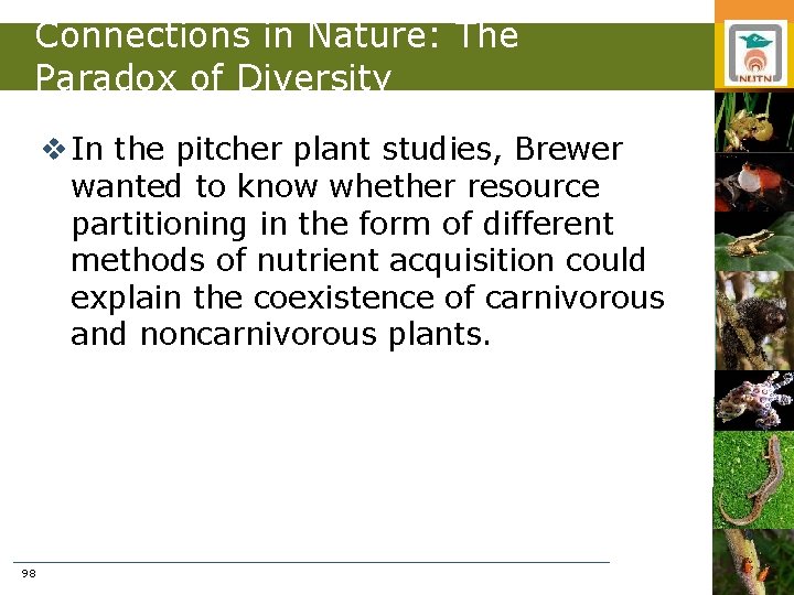 Connections in Nature: The Paradox of Diversity v In the pitcher plant studies, Brewer