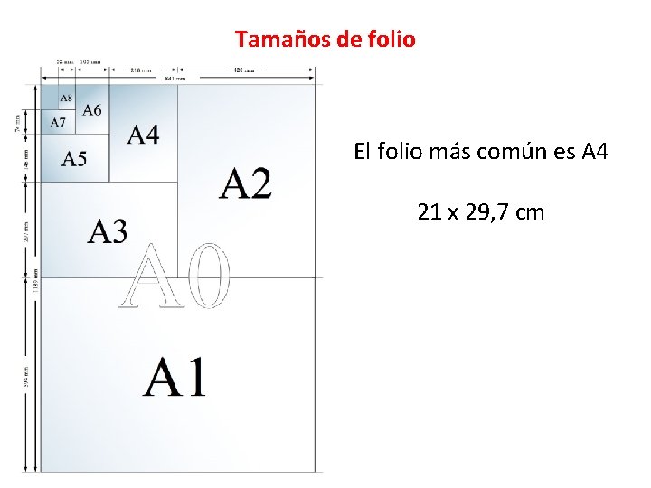 Tamaños de folio El folio más común es A 4 21 x 29, 7