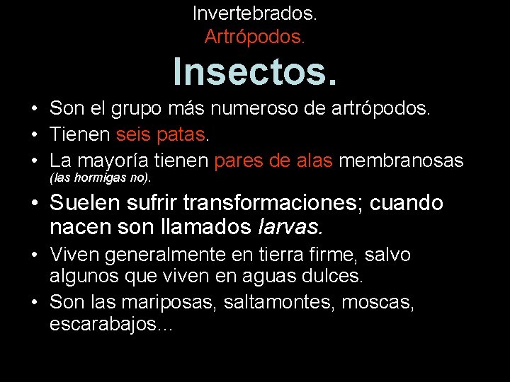 Invertebrados. Artrópodos. Insectos. • Son el grupo más numeroso de artrópodos. • Tienen seis