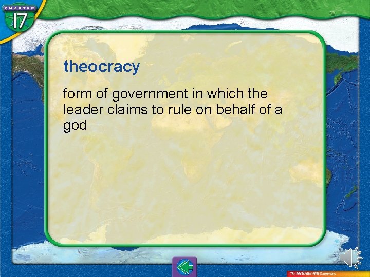 theocracy form of government in which the leader claims to rule on behalf of
