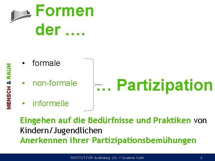 MENSCH & RAUM Formen der …. • formale • non-formale … Partizipation • informelle