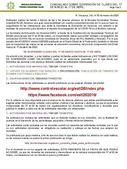 ESCUELA SECUNDARIA TECNICA INDUSTRIAL No. 26 COMUNICADO SOBRE SUSPENSIÓN DE CLASES DEL 17 DE