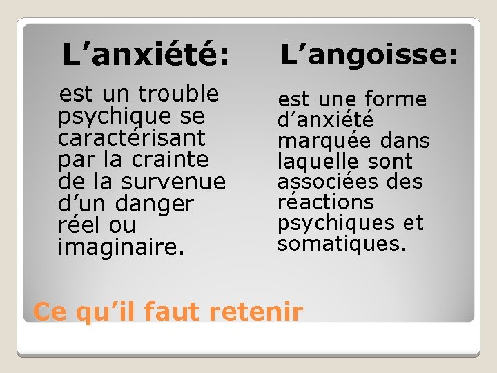 L’anxiété: L’angoisse: est un trouble psychique se caractérisant par la crainte de la survenue