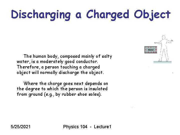 Discharging a Charged Object The human body, composed mainly of salty water, is a