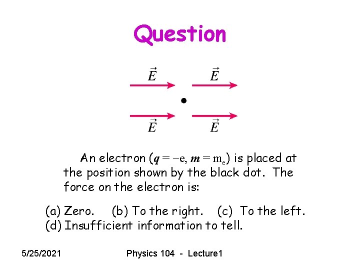 Question An electron (q = e, m = me) is placed at the position