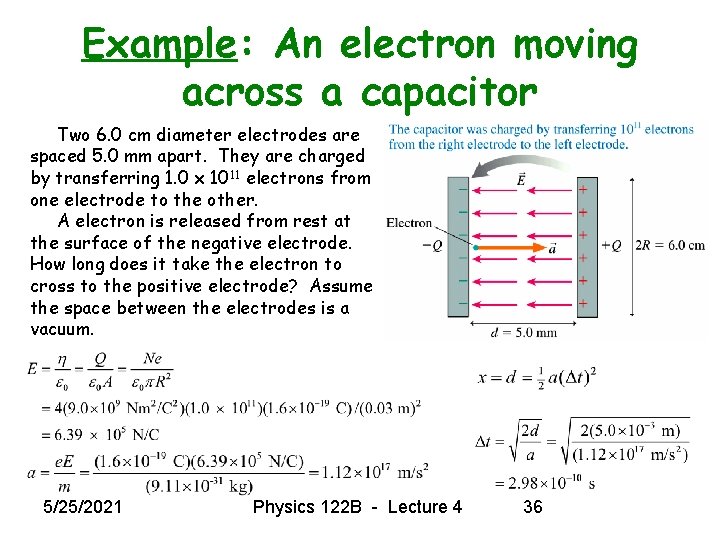Example: An electron moving across a capacitor Two 6. 0 cm diameter electrodes are