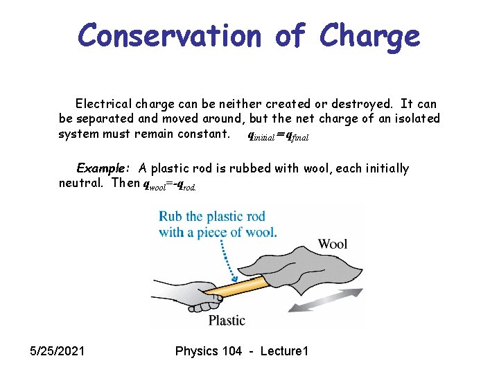 Conservation of Charge Electrical charge can be neither created or destroyed. It can be