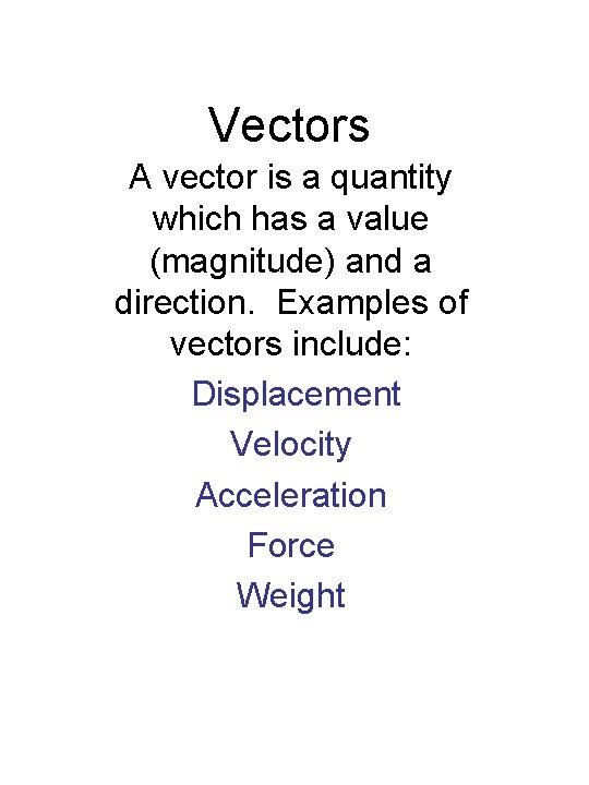 Vectors A vector is a quantity which has a value (magnitude) and a direction.