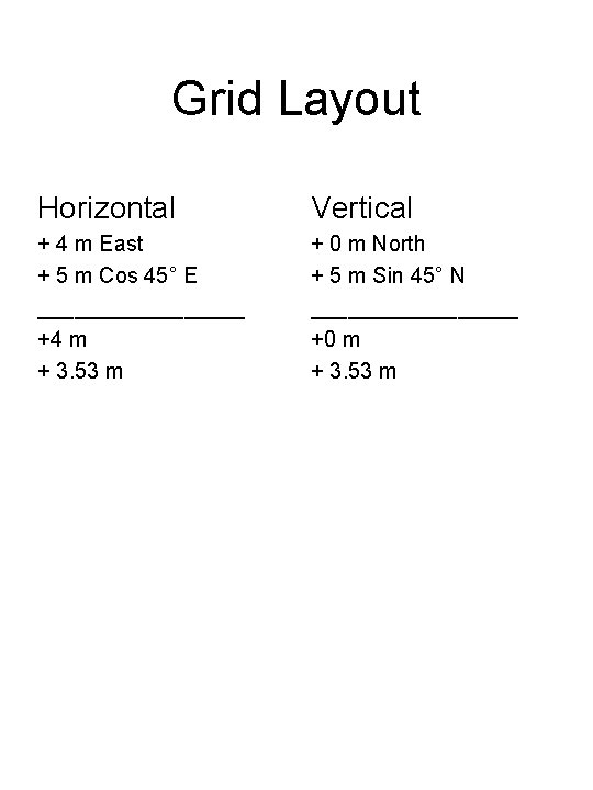 Grid Layout Horizontal Vertical + 4 m East + 5 m Cos 45° E