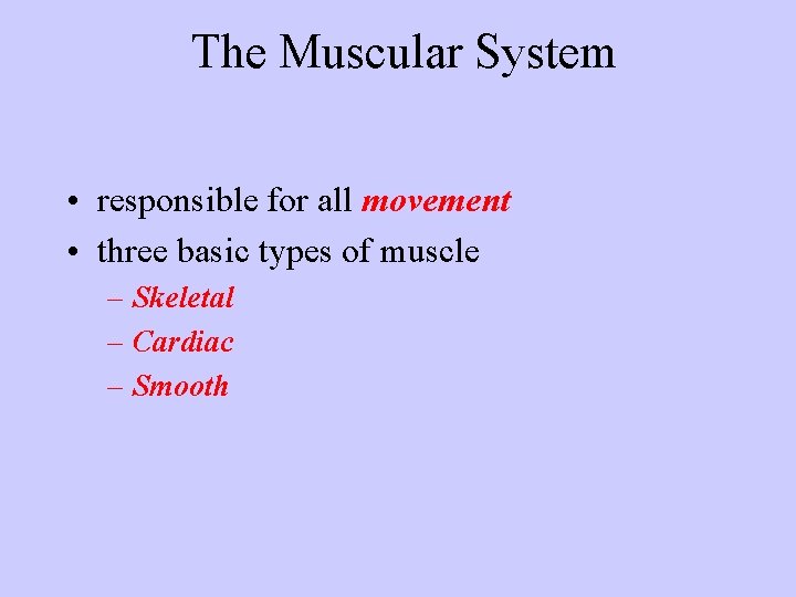 The Muscular System • responsible for all movement • three basic types of muscle
