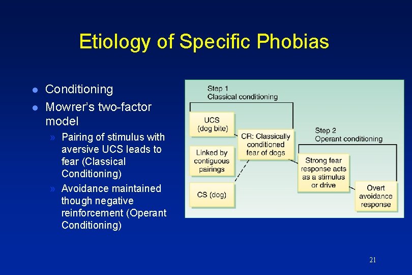 Etiology of Specific Phobias l l Conditioning Mowrer’s two-factor model » Pairing of stimulus