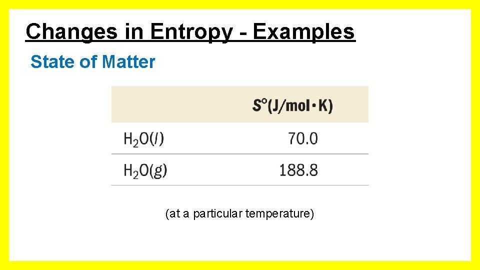Changes in Entropy - Examples State of Matter (at a particular temperature) 
