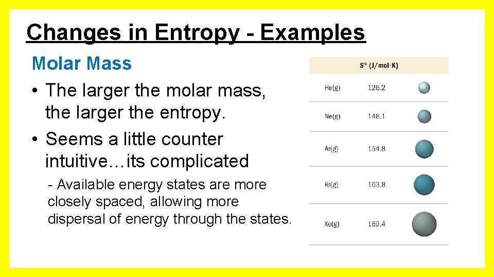 Changes in Entropy - Examples Molar Mass • The larger the molar mass, the
