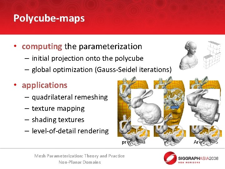 Polycube-maps • computing the parameterization – initial projection onto the polycube – global optimization