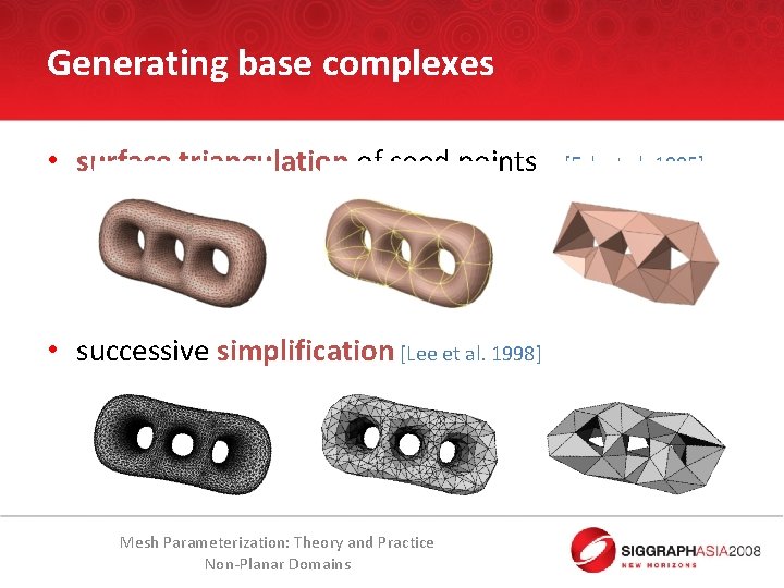Generating base complexes • surface triangulation of seed points • successive simplification [Lee et