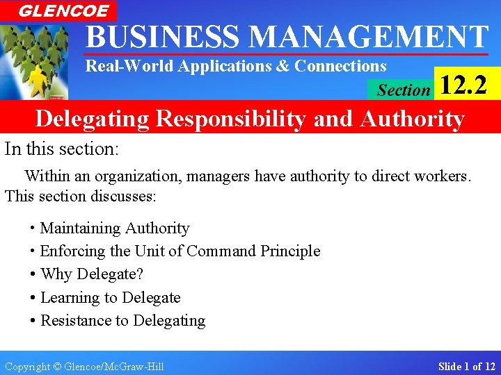 GLENCOE BUSINESS MANAGEMENT Real-World Applications & Connections Section 12. 2 Delegating Responsibility and Authority