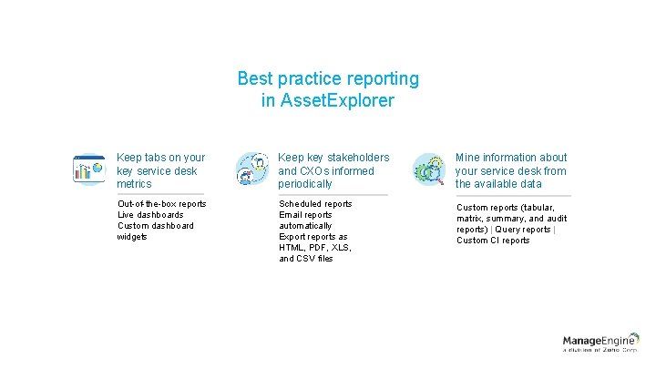 Best practice reporting in Asset. Explorer Keep tabs on your key service desk metrics