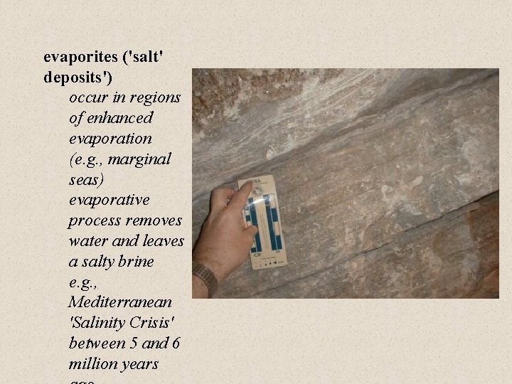 evaporites ('salt' deposits') occur in regions of enhanced evaporation (e. g. , marginal seas)