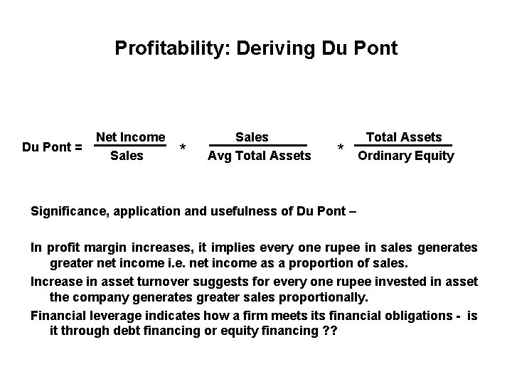 Profitability: Deriving Du Pont = Net Income Sales * Sales Avg Total Assets *