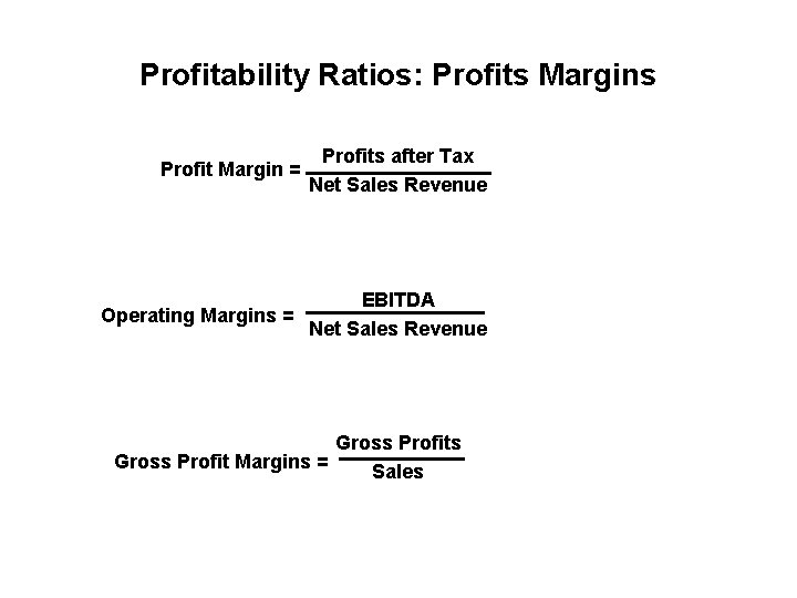 Profitability Ratios: Profits Margins Profit Margin = Operating Margins = Profits after Tax Net